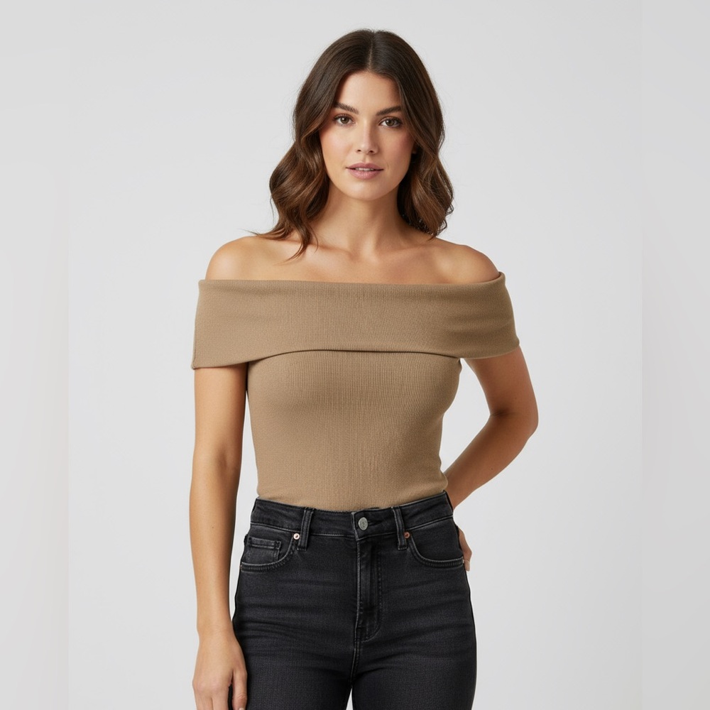 Banana Republic off the shoulder ribbed knit top cotton tan beige medium
